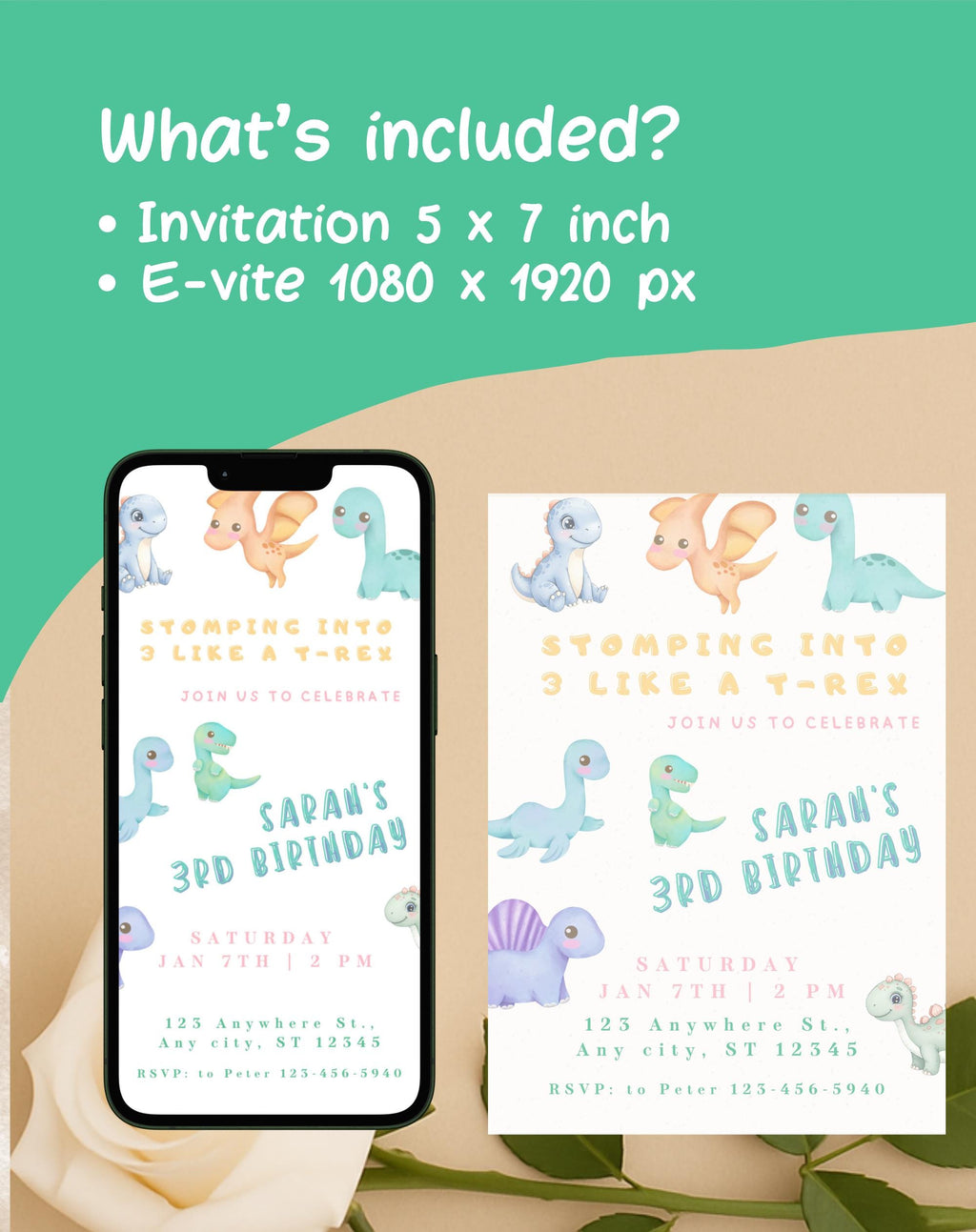 Pastel Dinosaur Birthday Invitation