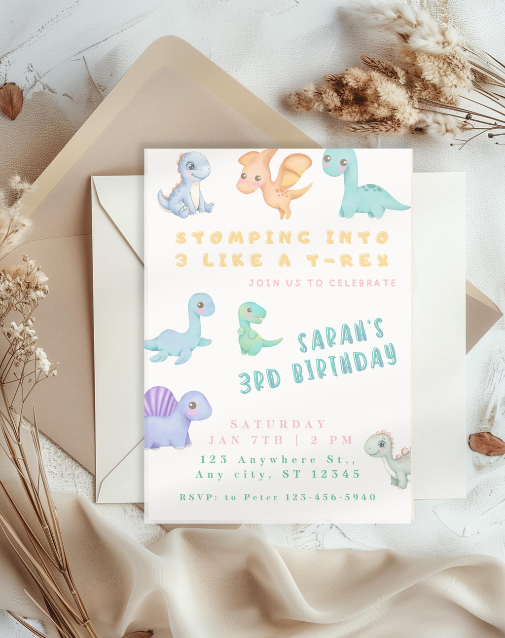 Pastel Dinosaur Birthday Invitation