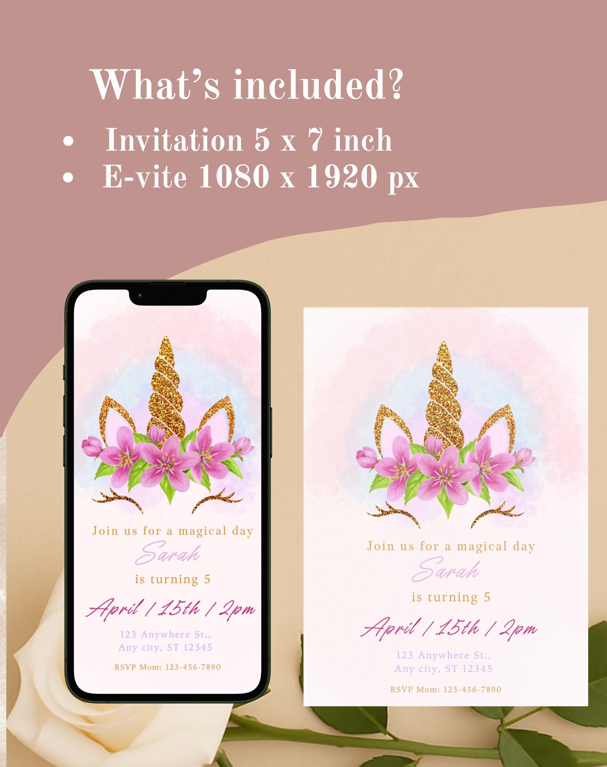 Unicorn Pink Gold Floral Birthday Invitation