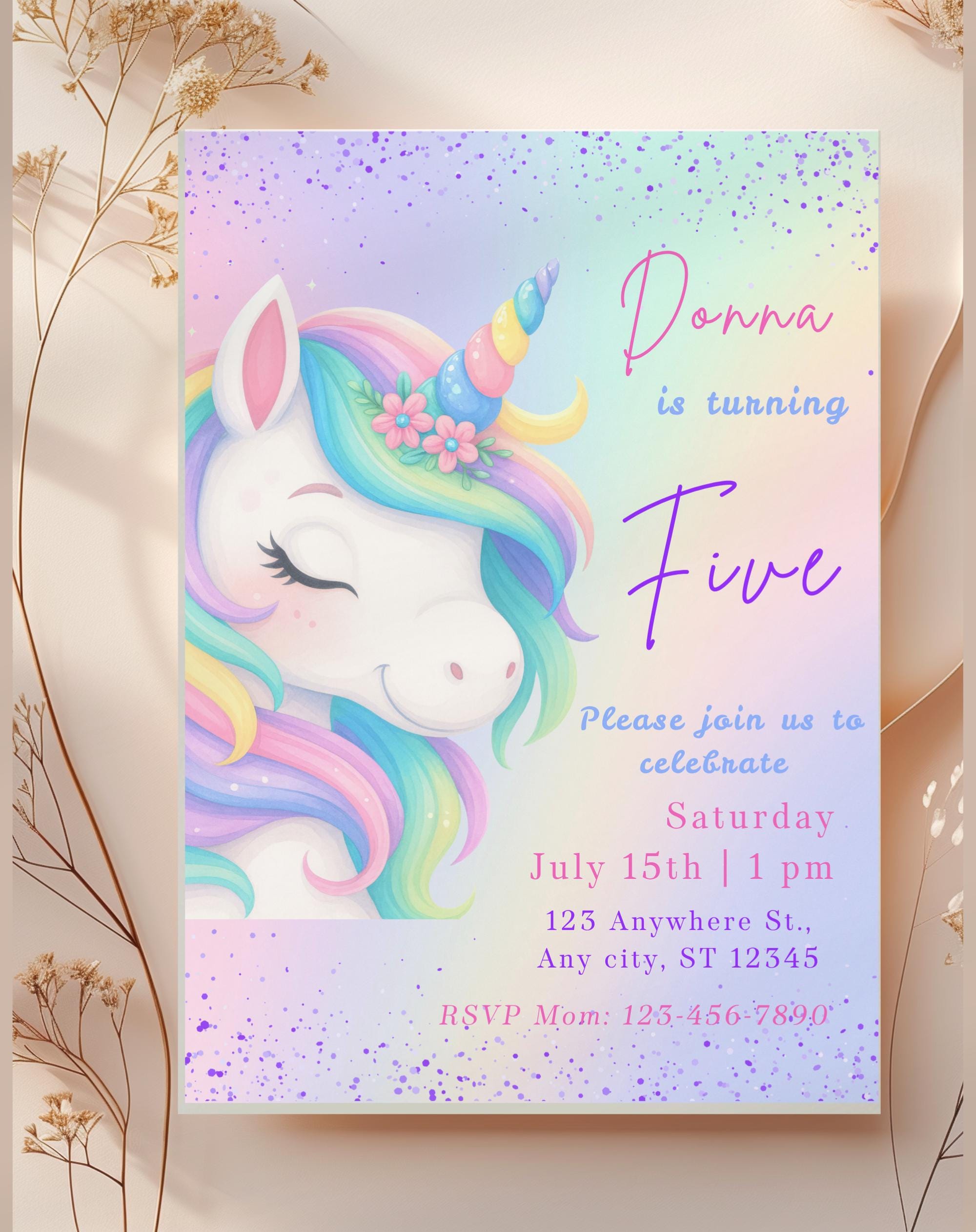 Unicorn Pastel Rainbow Birthday Invitation