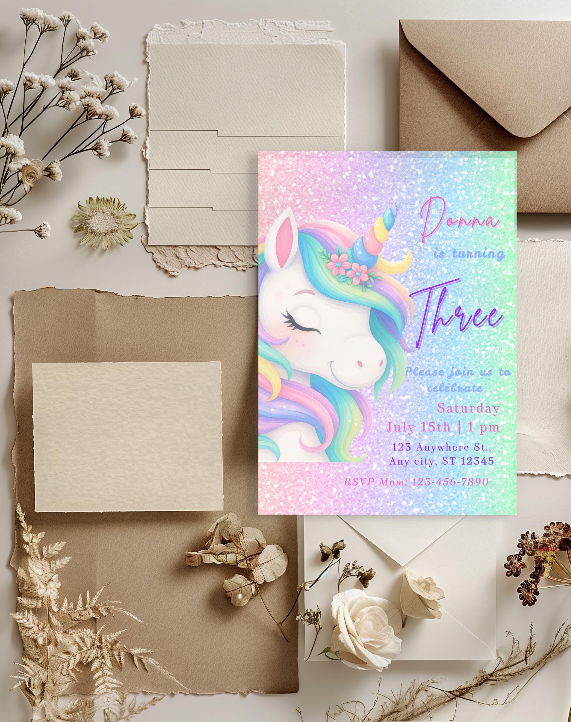 Unicorn Pastel Sparkle Birthday Invitation