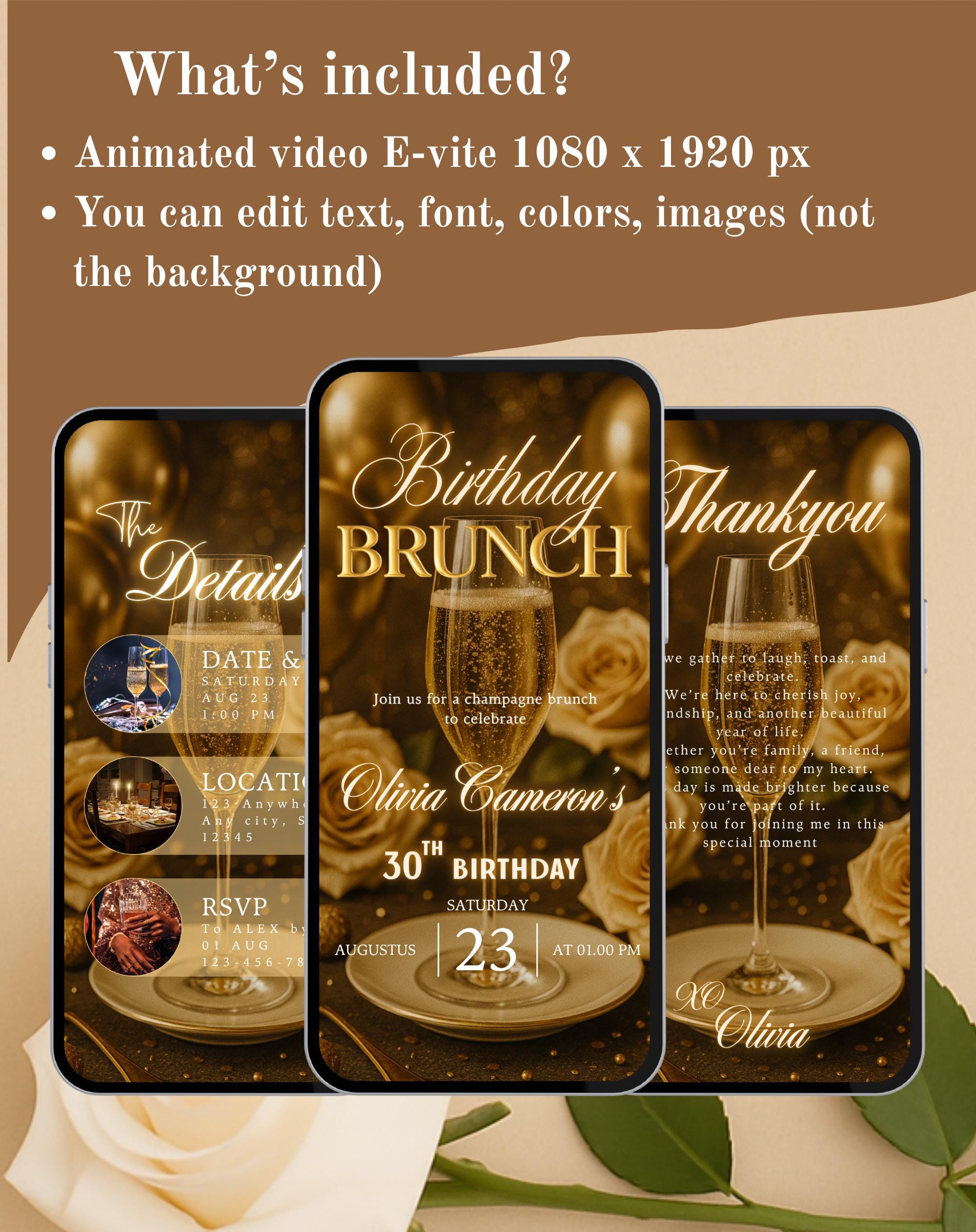 Gold Birthday Brunch Animated Invitation (E-vite)
