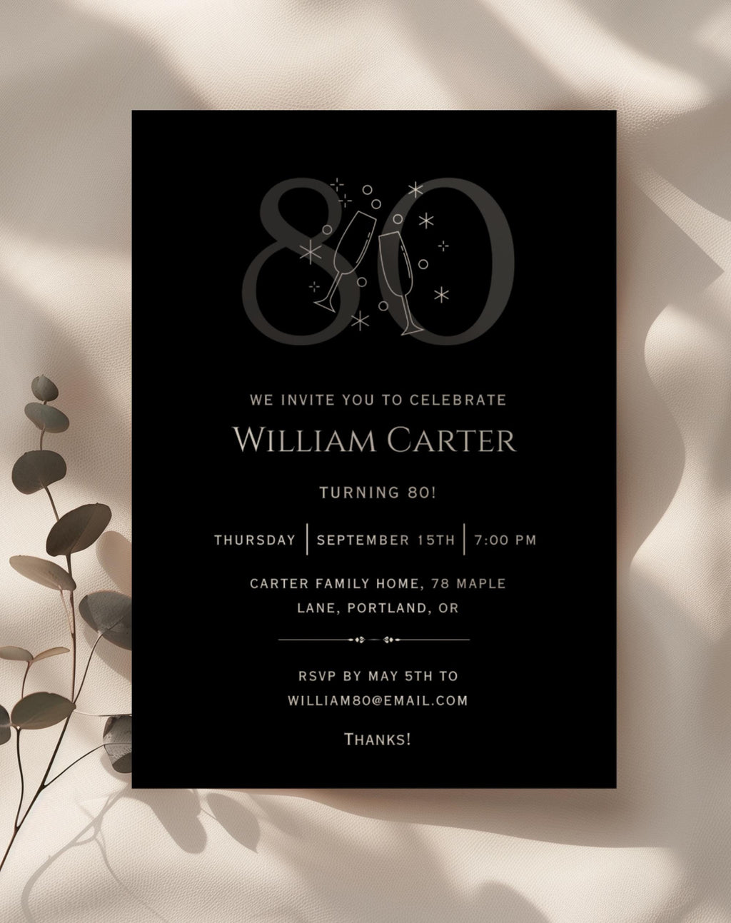 80th Black Silver Elegant Birthday Invitation