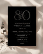80th Black Silver Elegant Birthday Invitation