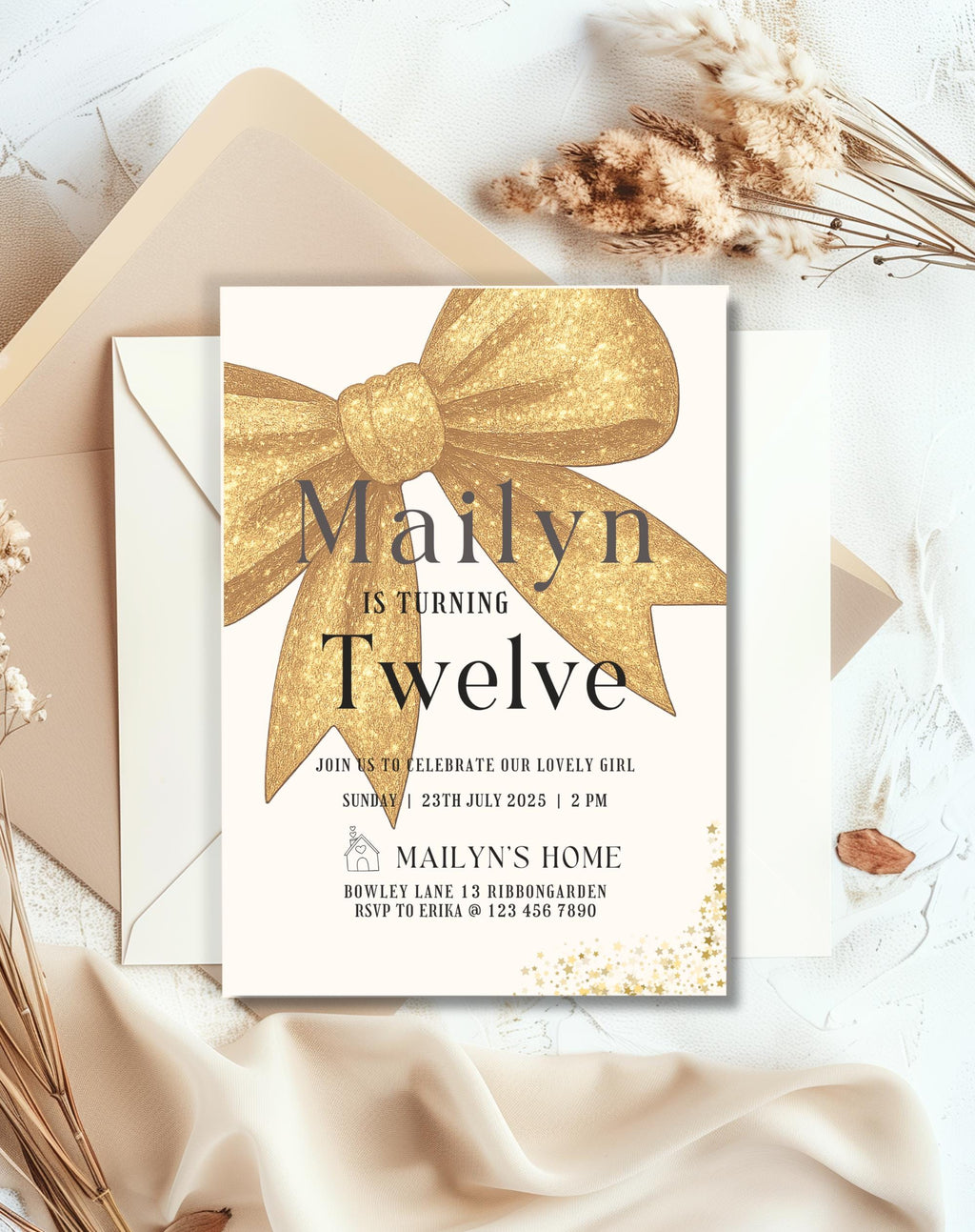 Gold Glitter Bow Birthday Invitation
