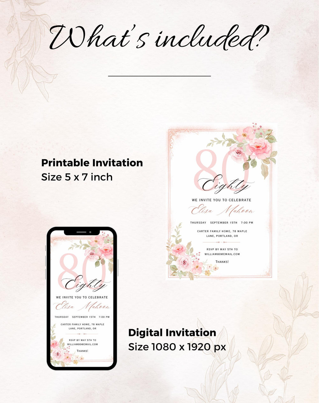 80th Birthday Invitation Pink Floral Elegant Invitation
