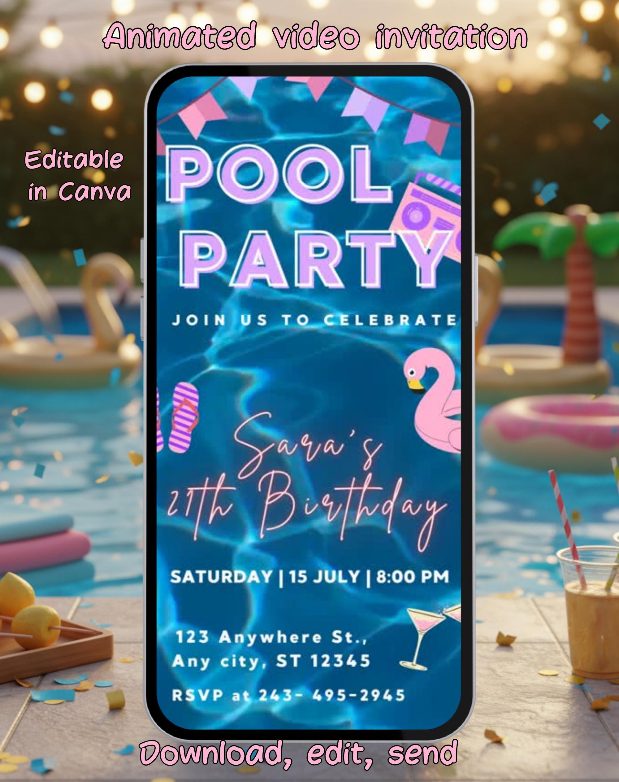 Pastel Neon Pool Party Birthday Invitation (E-vite)