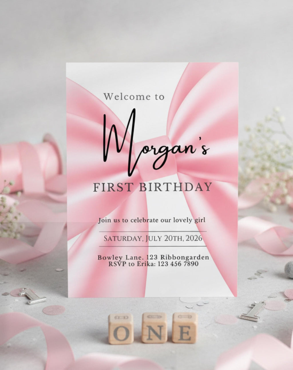 First Birthday Pink Ribbon Invitation