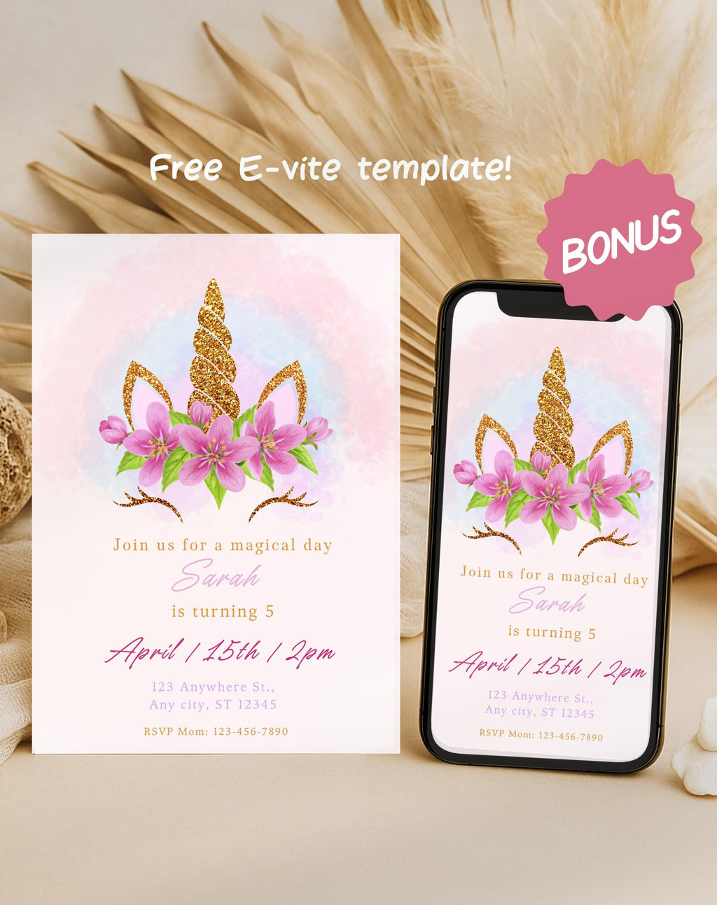 Unicorn Pink Gold Floral Birthday Invitation