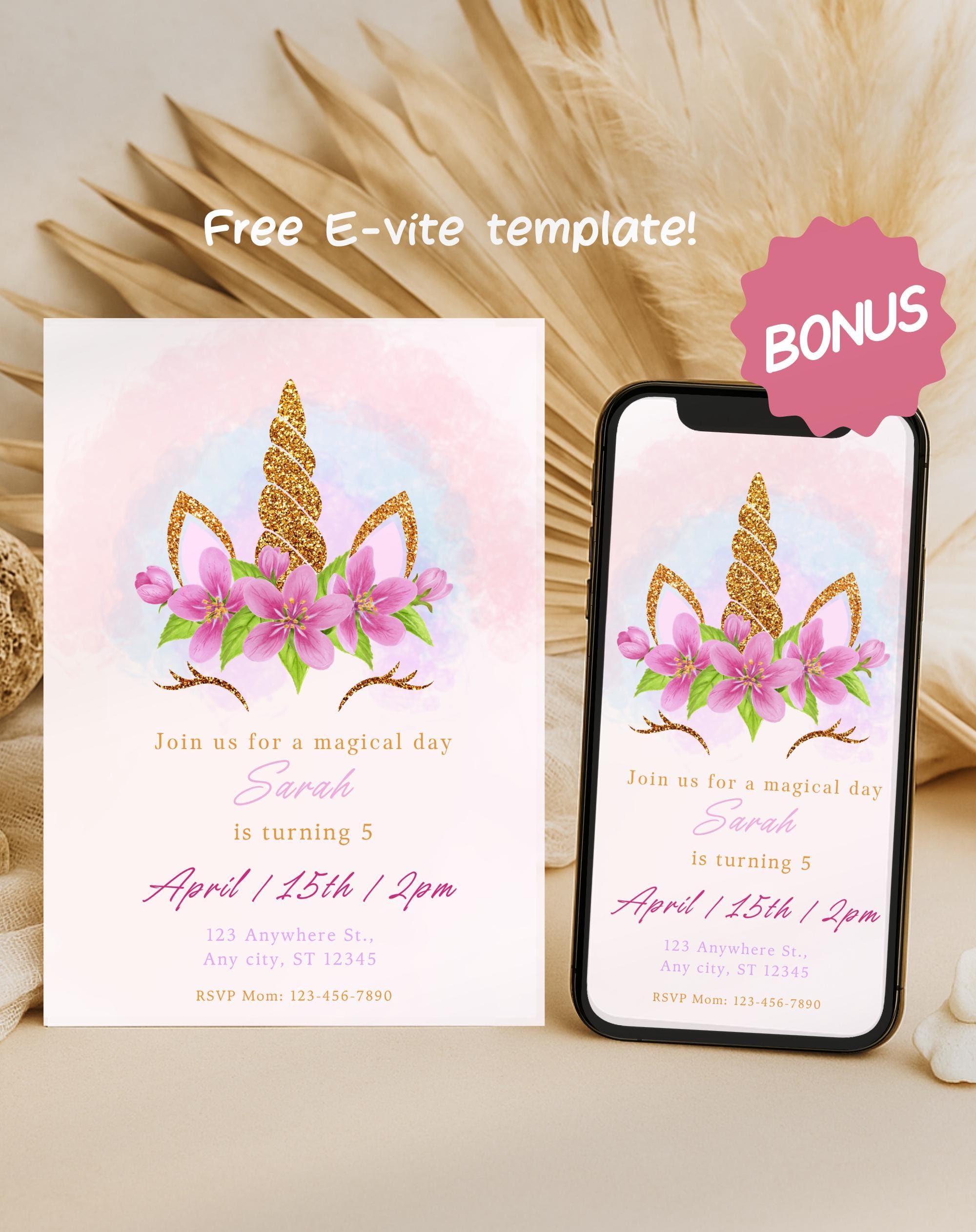Unicorn Pink Gold Floral Birthday Invitation
