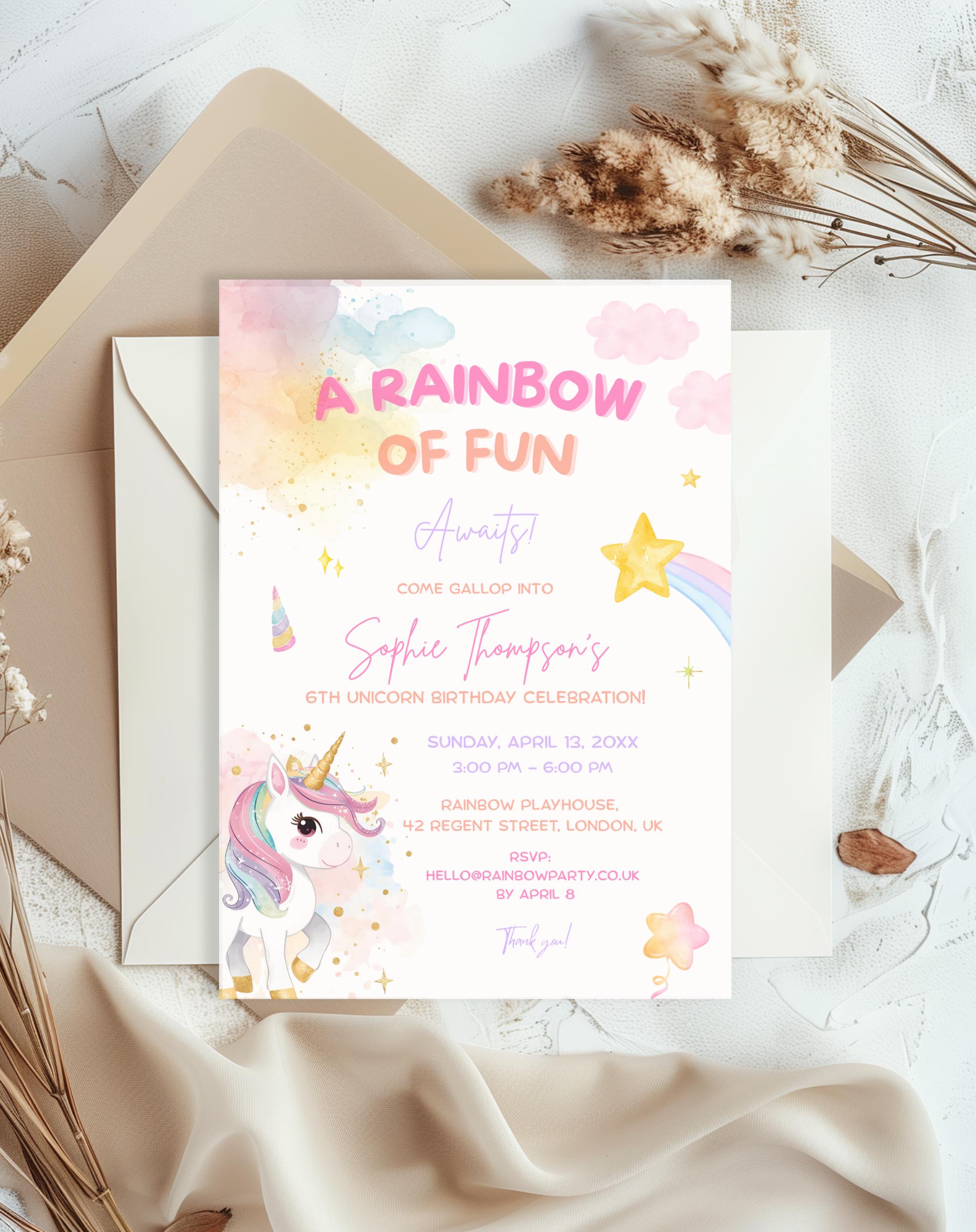 Unicorn Rainbow Birthday Invitation