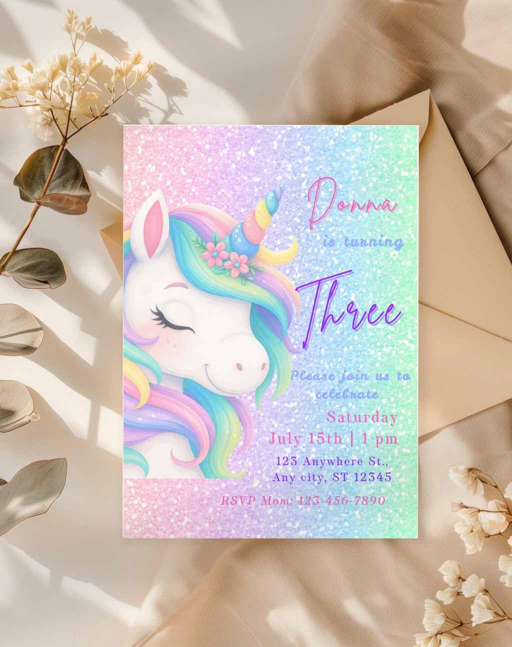 Unicorn Pastel Sparkle Birthday Invitation