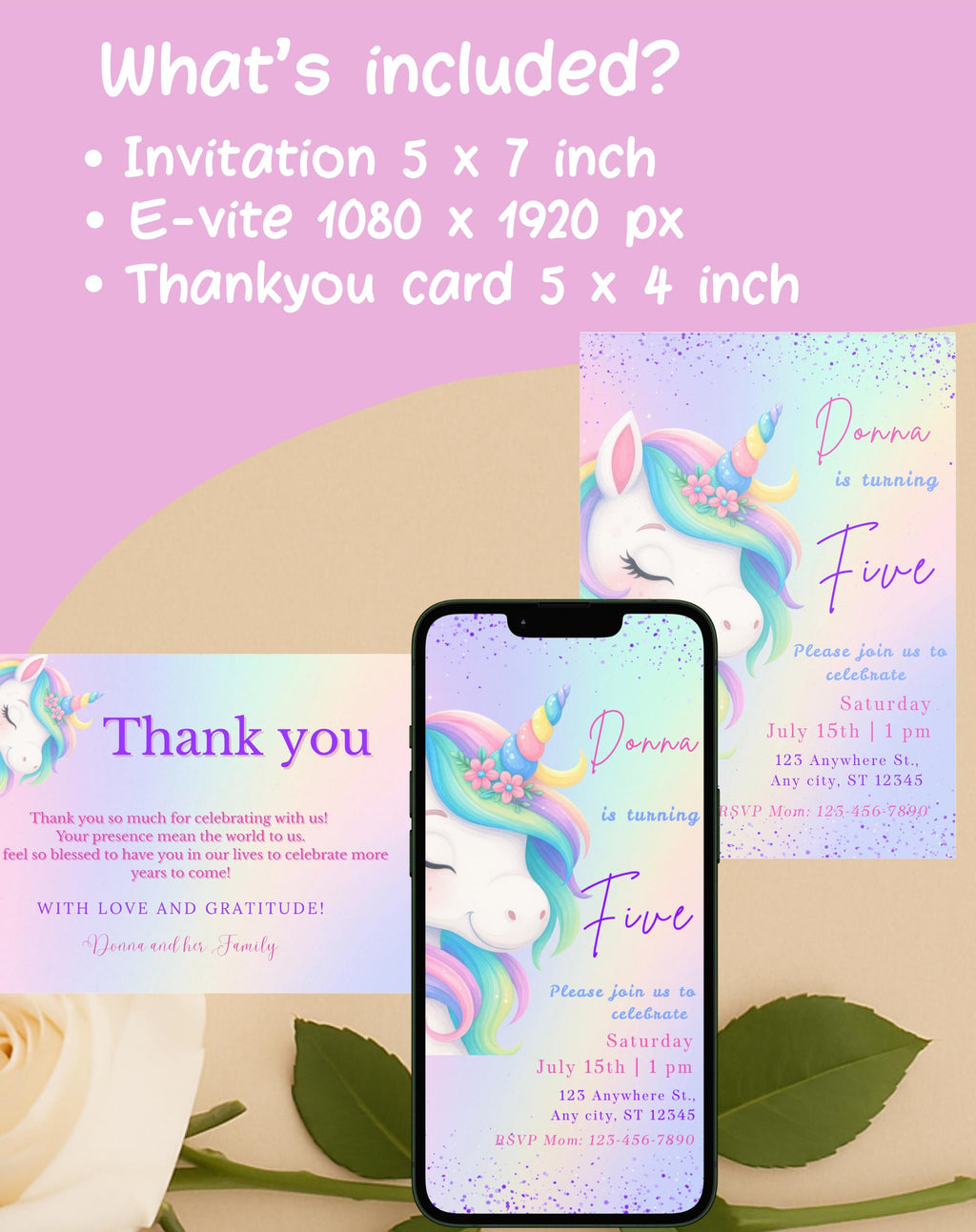Unicorn Pastel Rainbow Birthday Invitation