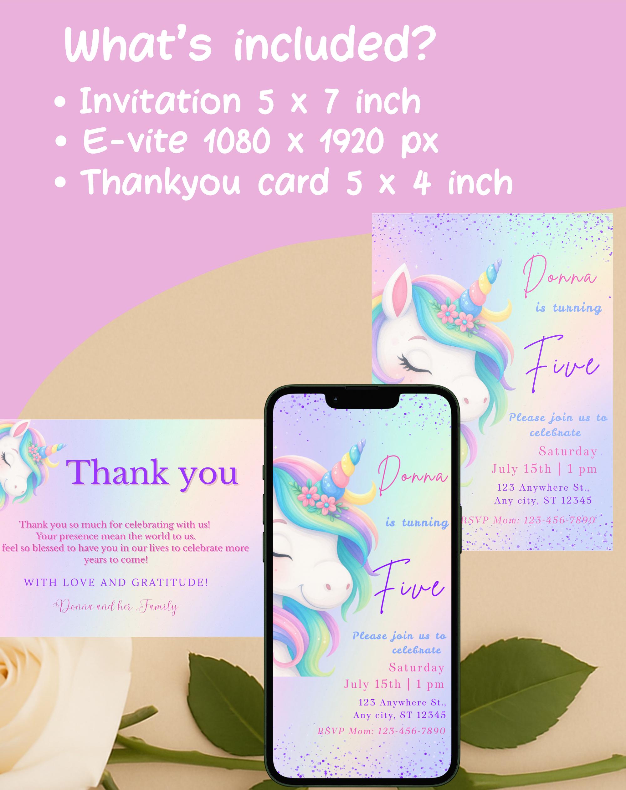Unicorn Pastel Rainbow Birthday Invitation
