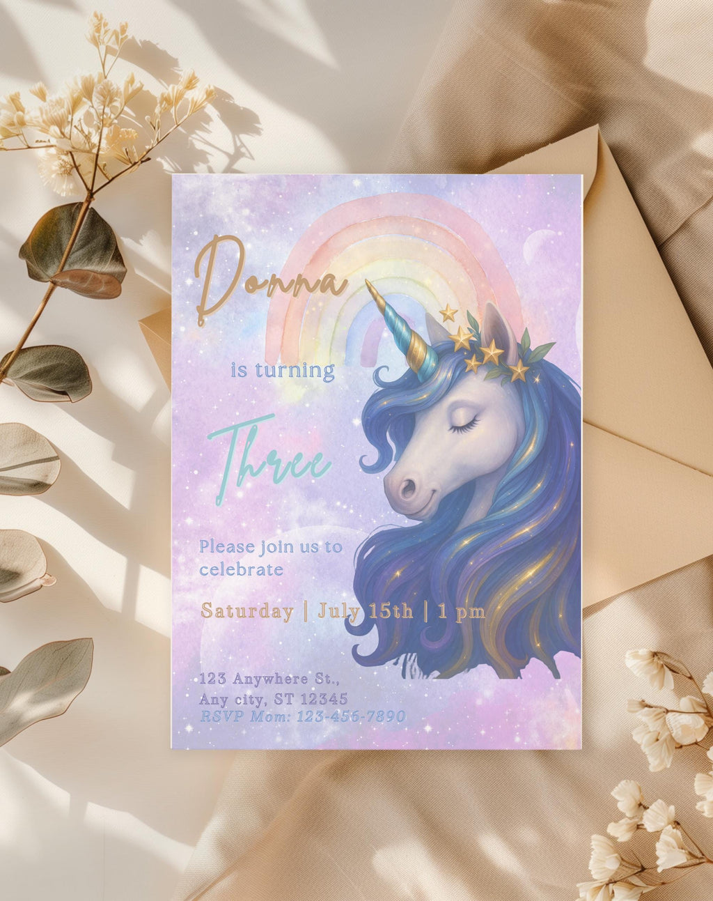 Pastel Rainbow Unicorn Birthday Invitation