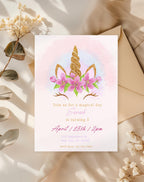 Unicorn Pink Gold Floral Birthday Invitation