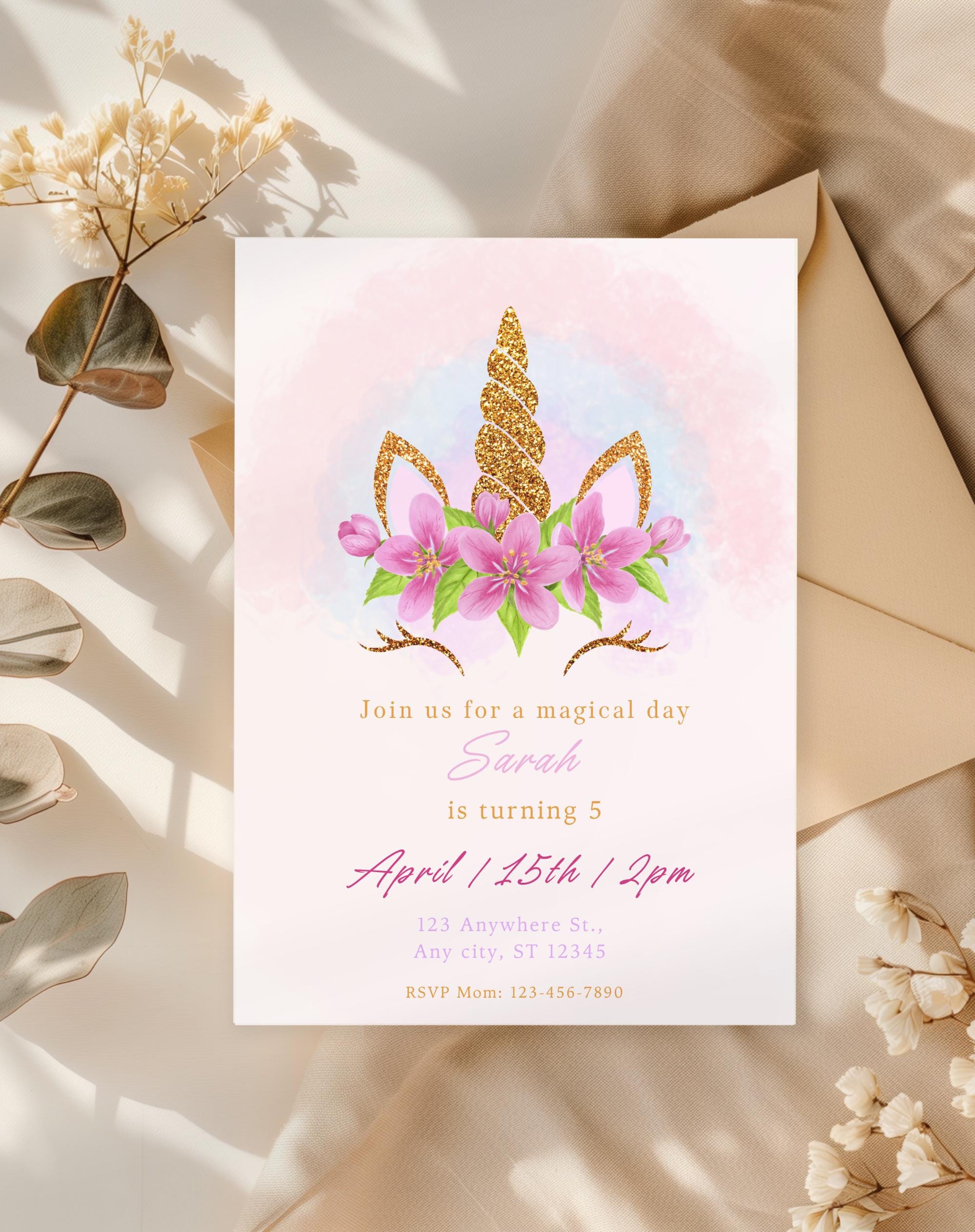 Unicorn Pink Gold Floral Birthday Invitation