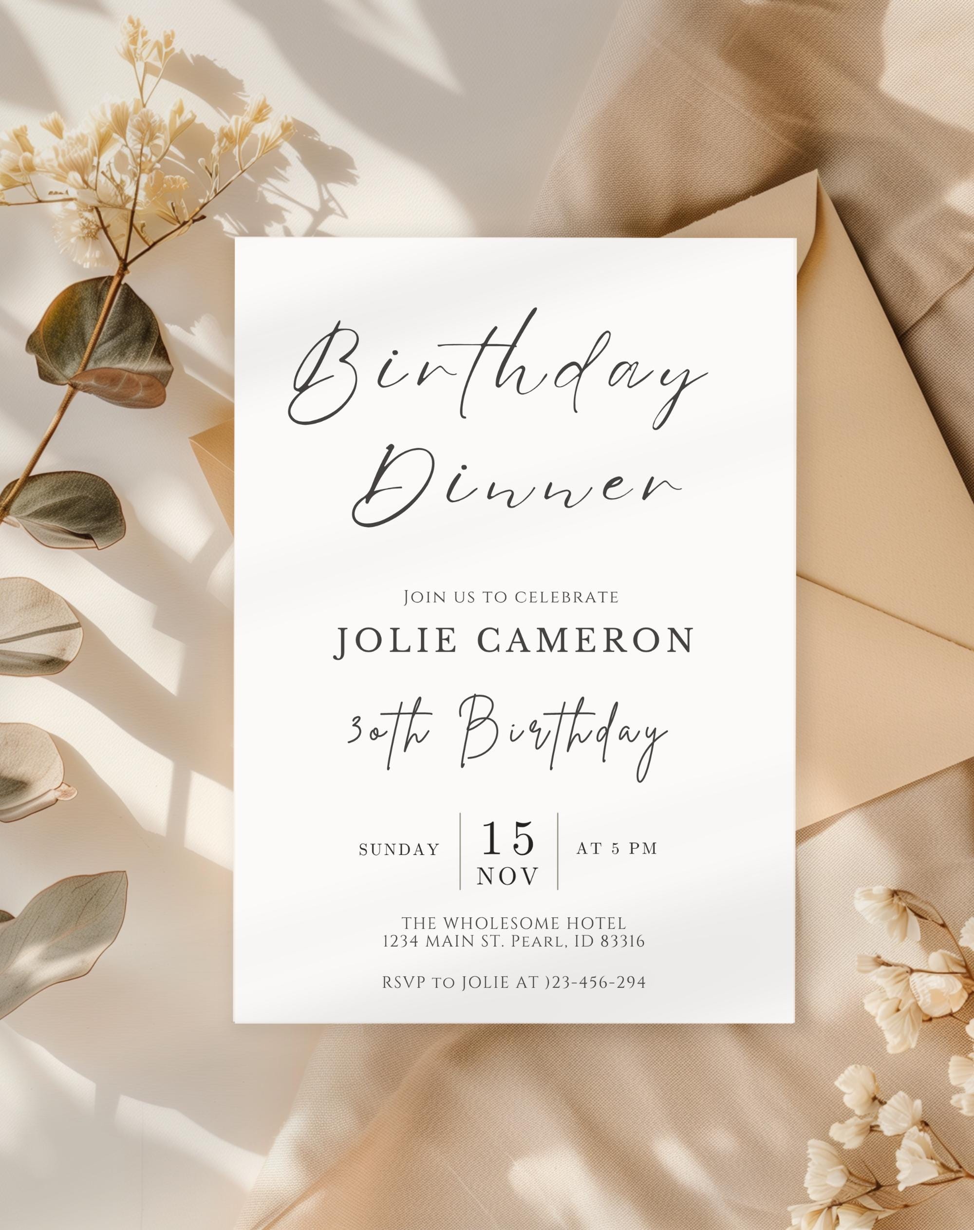 Minimalist Black and White Birthday Dinner Invitation