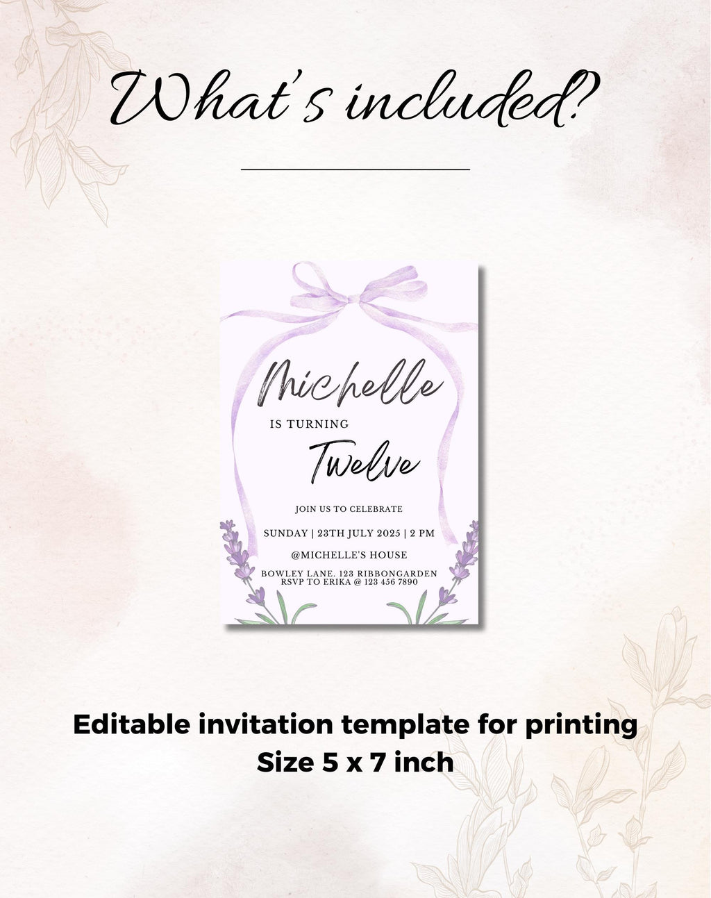 Lavender Bow Birthday Party Invitation