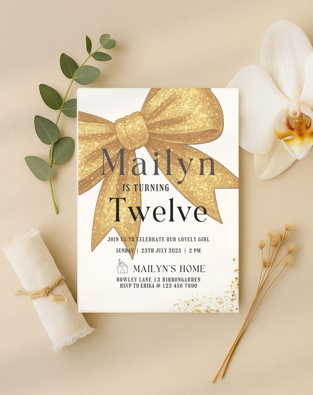 Gold Glitter Bow Birthday Invitation