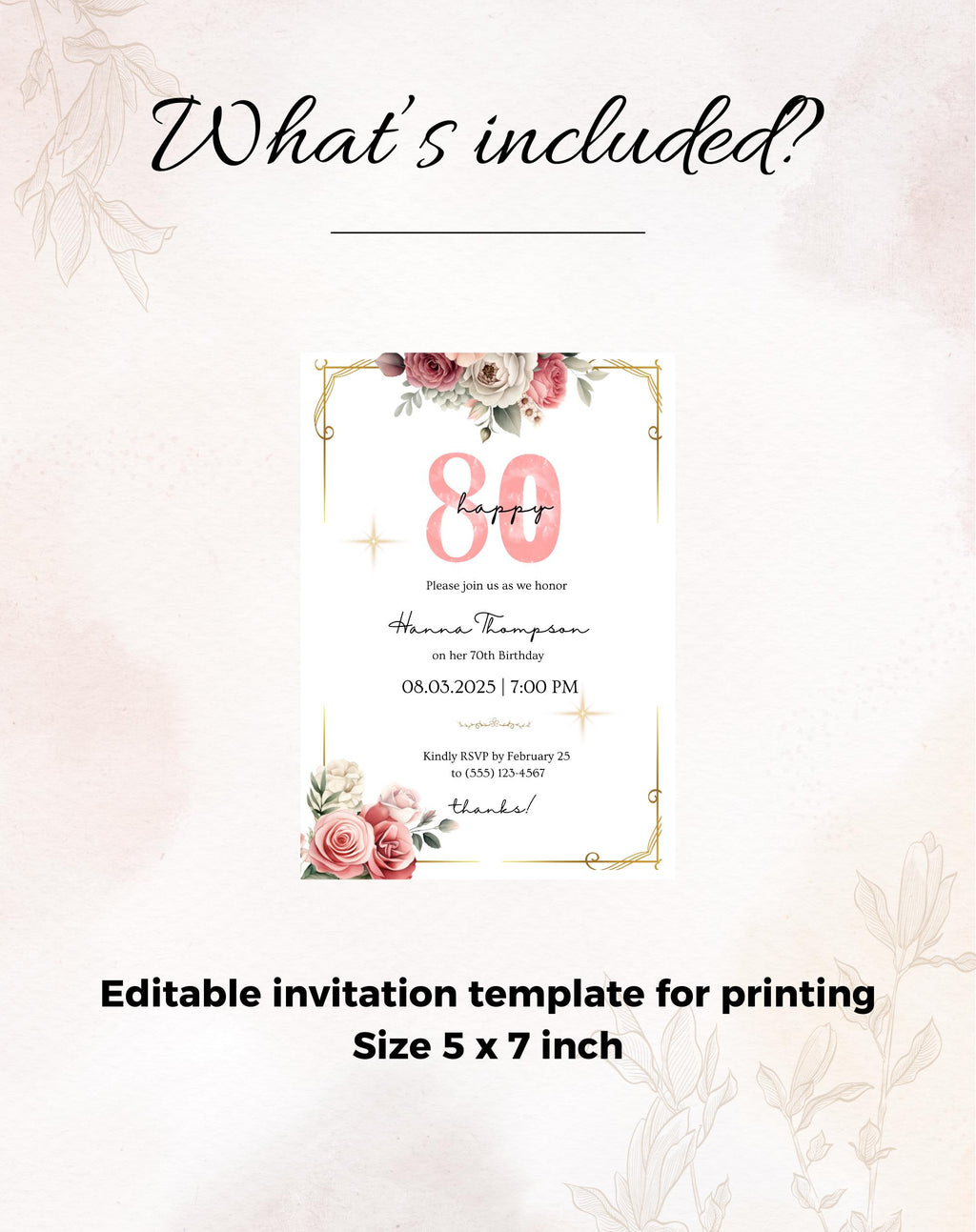 80th Pink Gold Floral Elegant Birthday Invitation