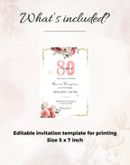 80th Pink Gold Floral Elegant Birthday Invitation