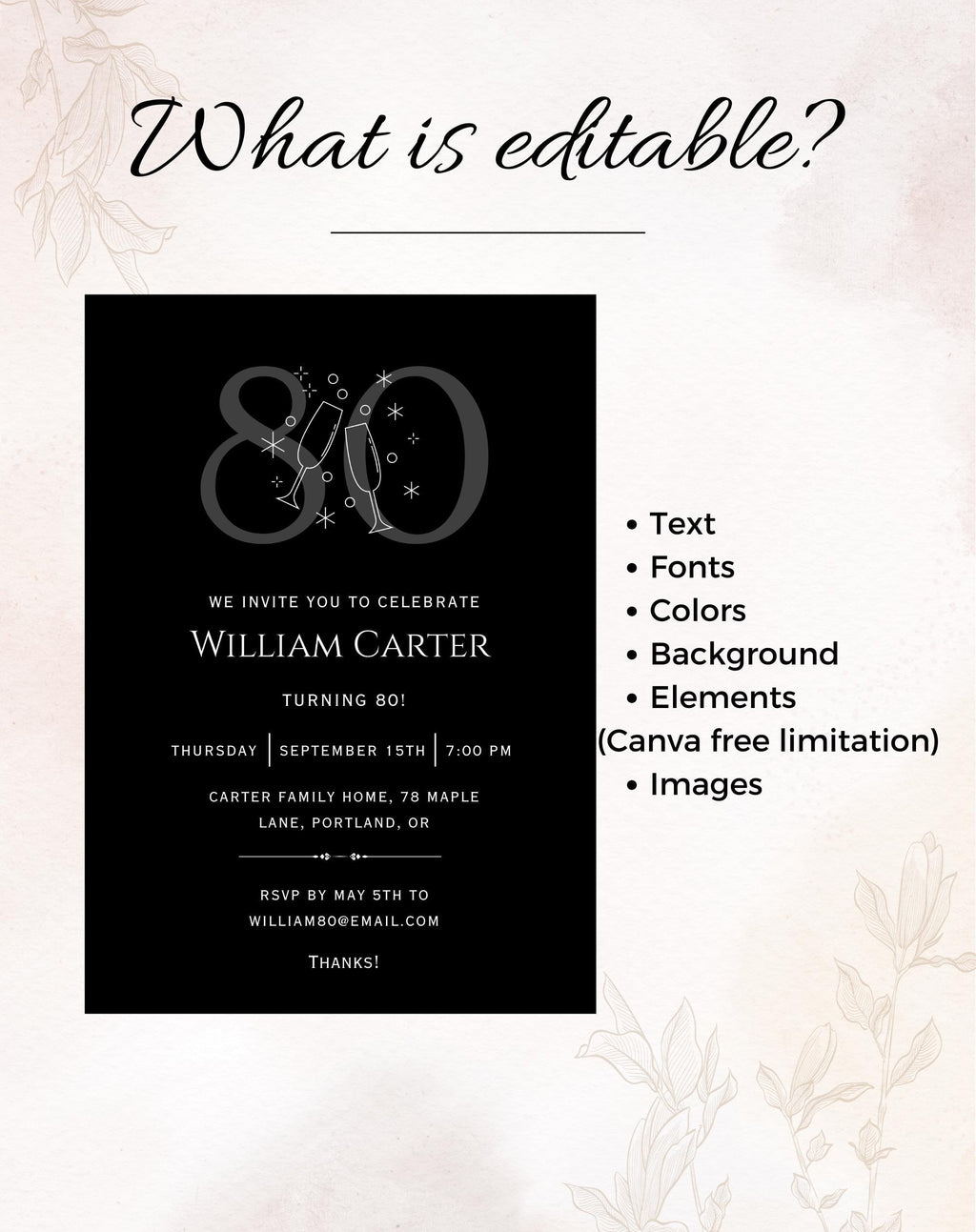 80th Black Silver Elegant Birthday Invitation