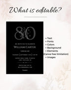 80th Black Silver Elegant Birthday Invitation