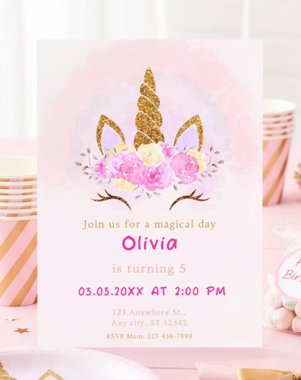 Unicorn Pink Gold Floral Birthday Invitation