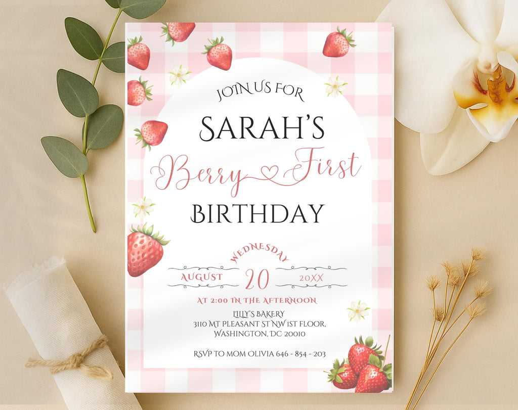 Berry First Birthday Strawberry Gingham Party Invitation - main design preview