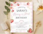 Berry First Birthday Strawberry Gingham Party Invitation - main design preview