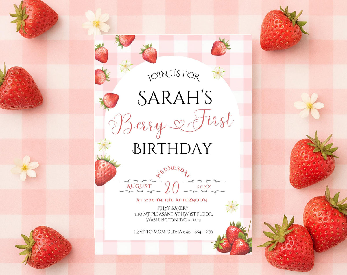 Berry First Birthday Strawberry Gingham Party Invitation - editable Canva template gallery image