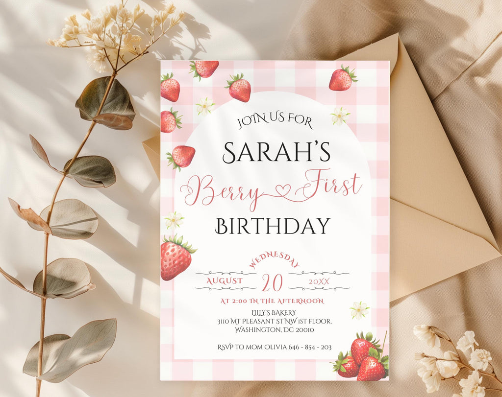 Berry First Birthday Strawberry Gingham Party Invitation - printable invite design detail