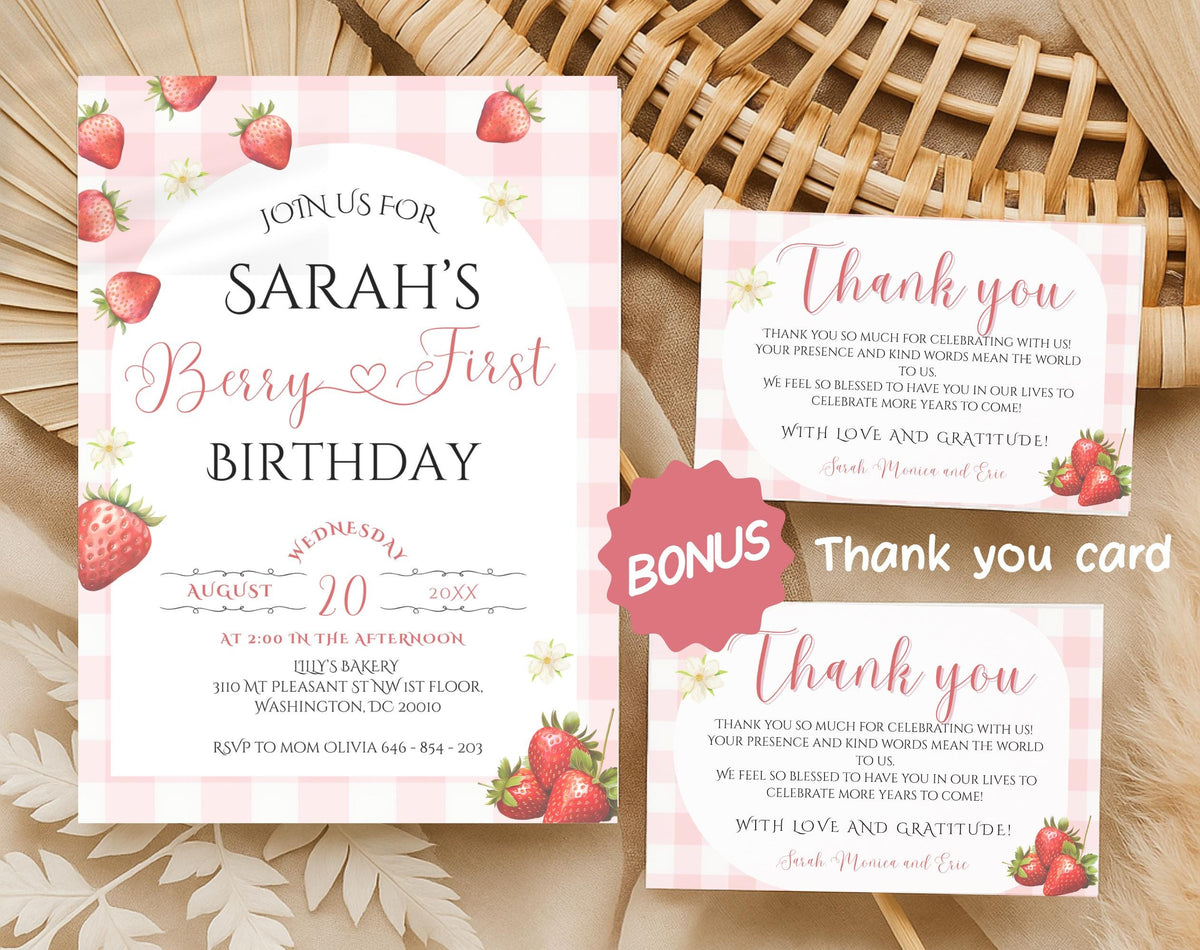 Berry First Birthday Strawberry Gingham Party Invitation - additional gallery view