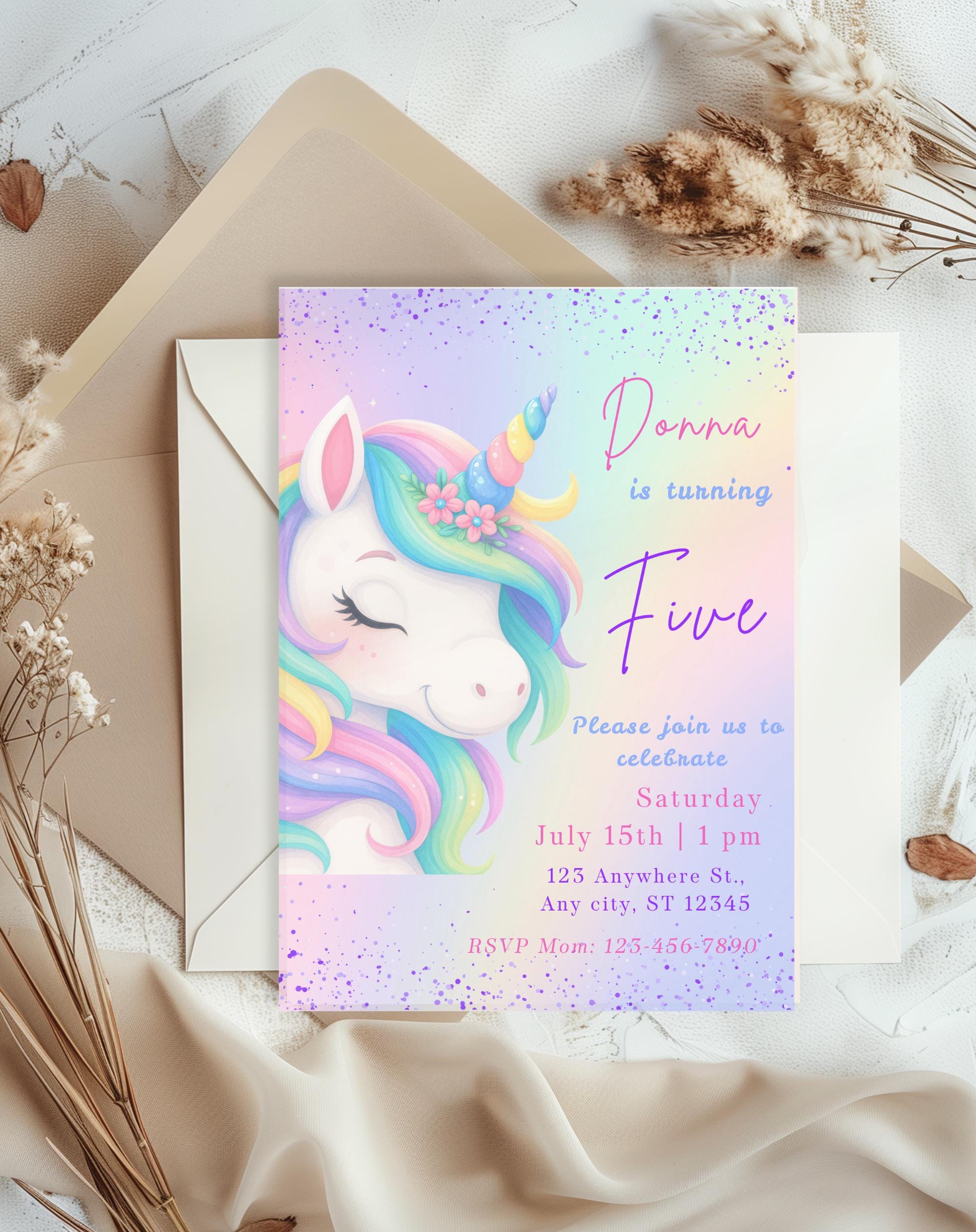 Unicorn Pastel Rainbow Birthday Invitation