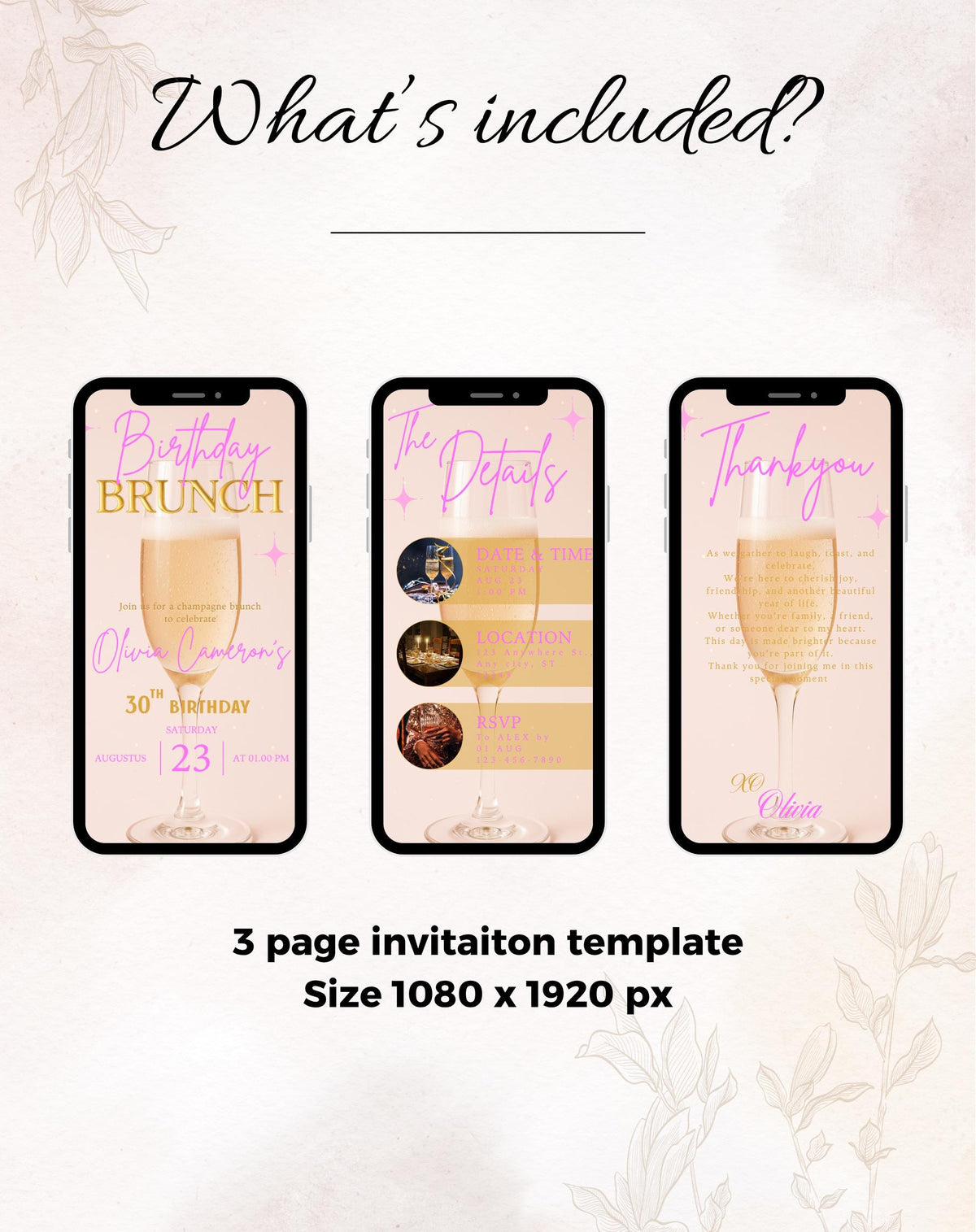 Birthday Brunch Pink and Gold Birthday Invitation - printable invite design detail