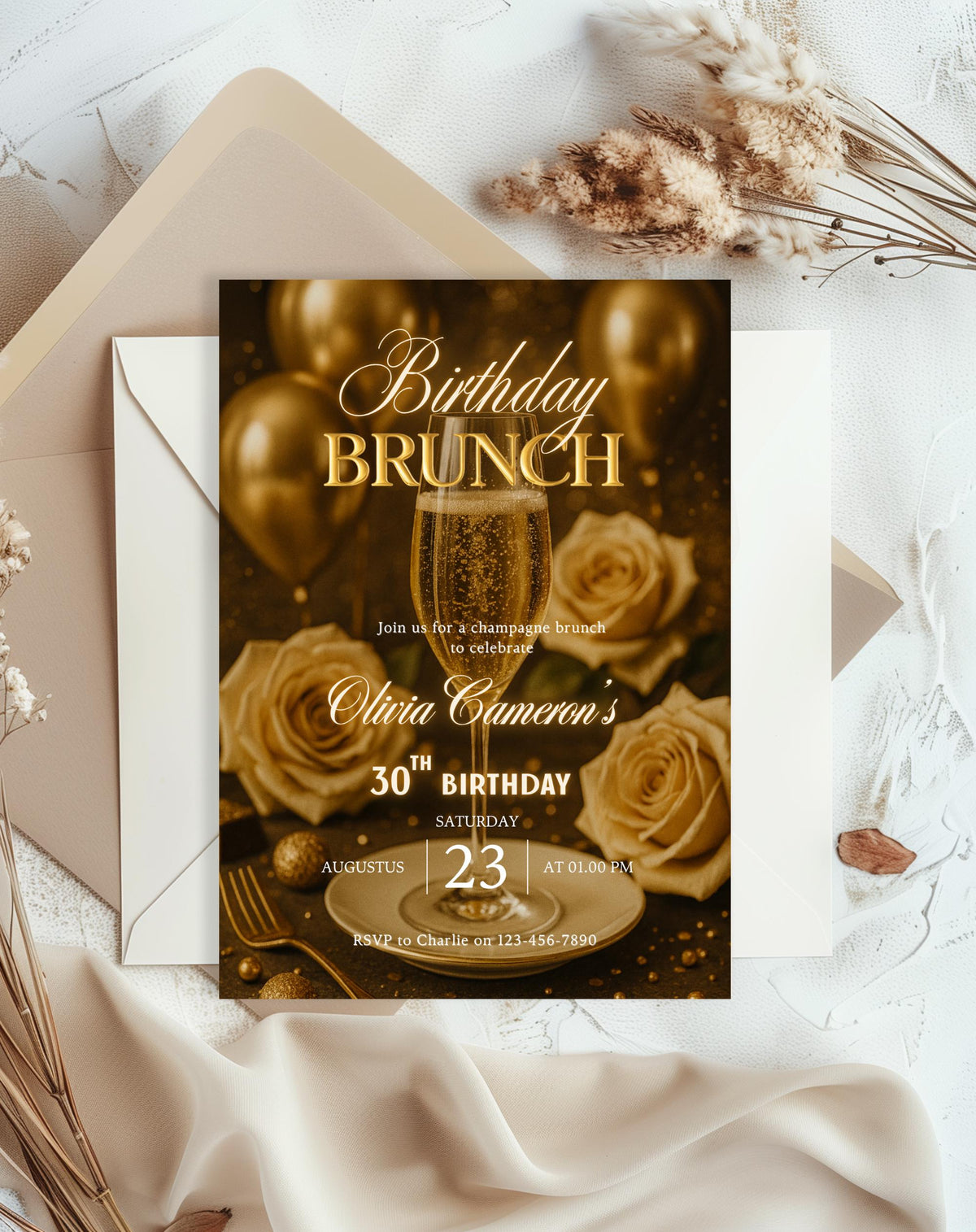 Birthday Champagne Brunch Gold/Black Neon Invitation - editable Canva template gallery image