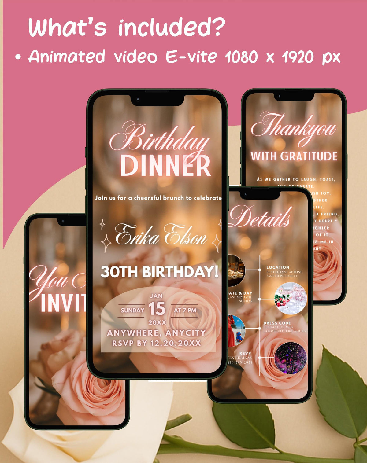 Birthday Pink Neon Dinner Invitation E-vite - additional gallery view