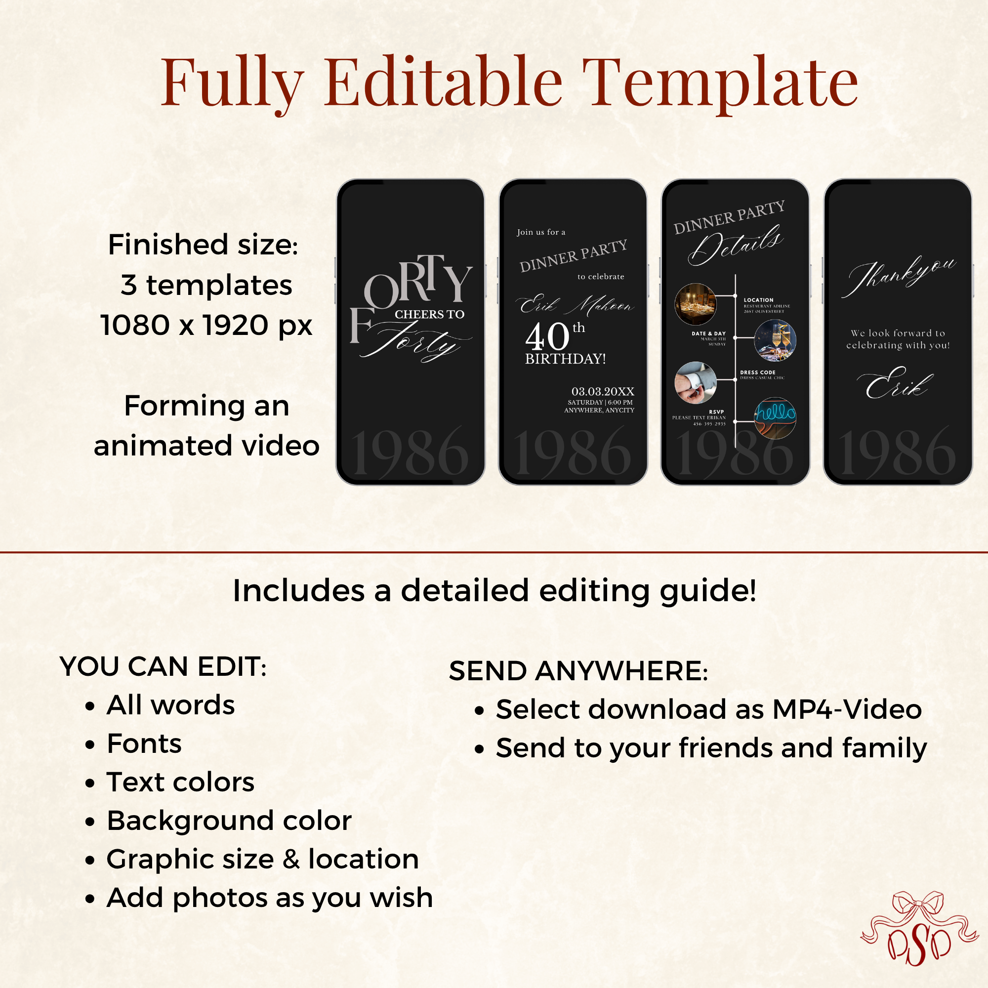 Black & White 40th Birthday Dinner Invitation Animated Video - printable design detail