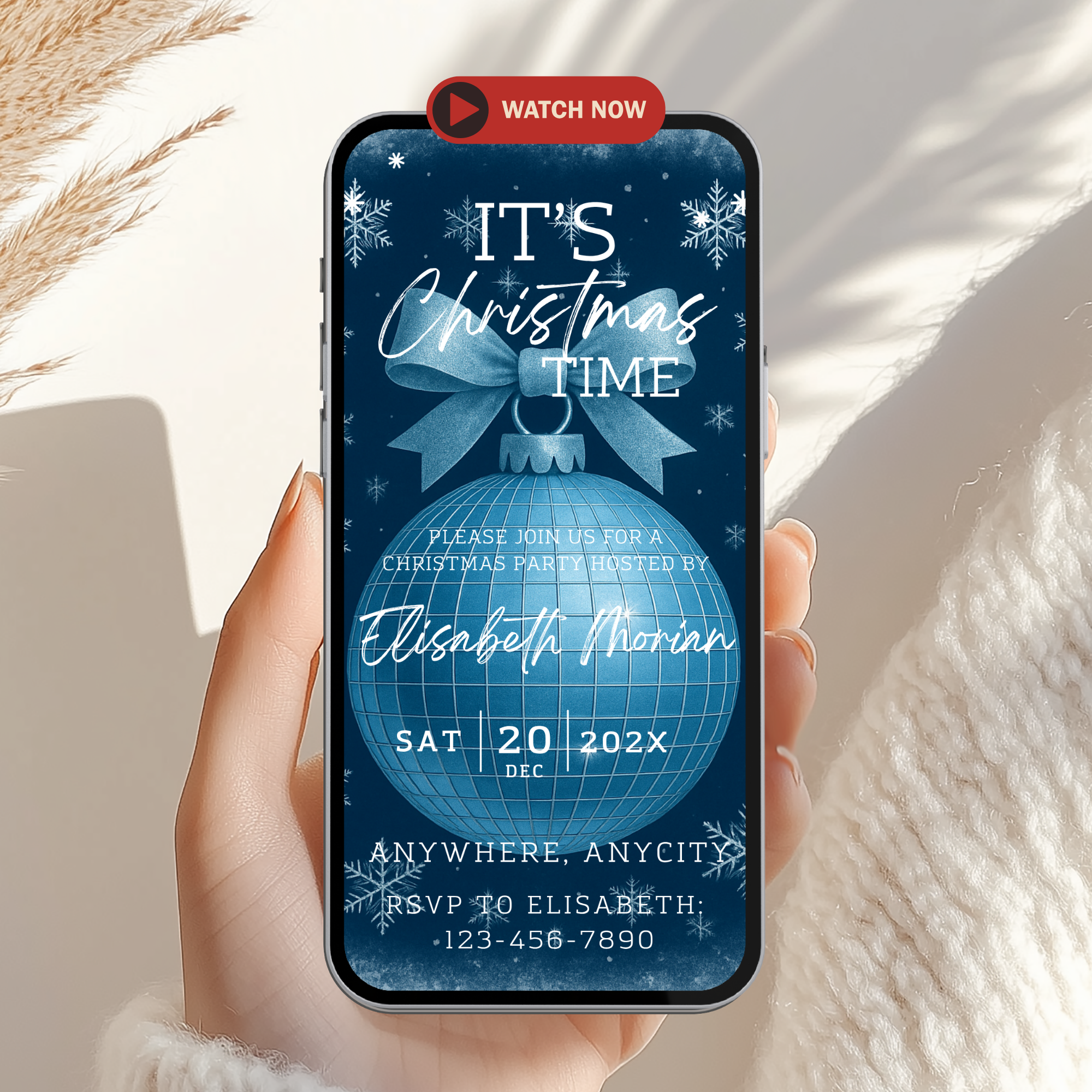 Blue Bow ICE Christmas Invitation Animated Video - main design preview