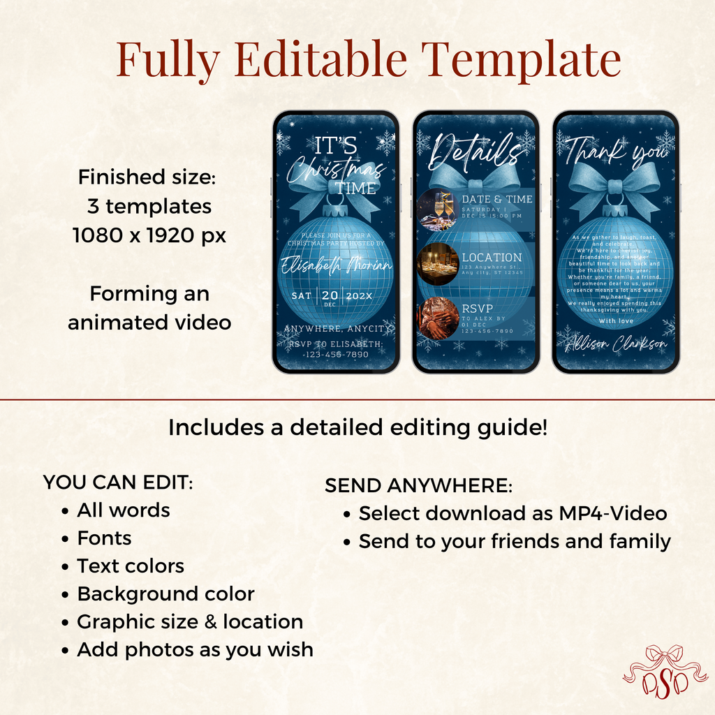 Blue Bow ICE Christmas Invitation Animated Video - printable design detail