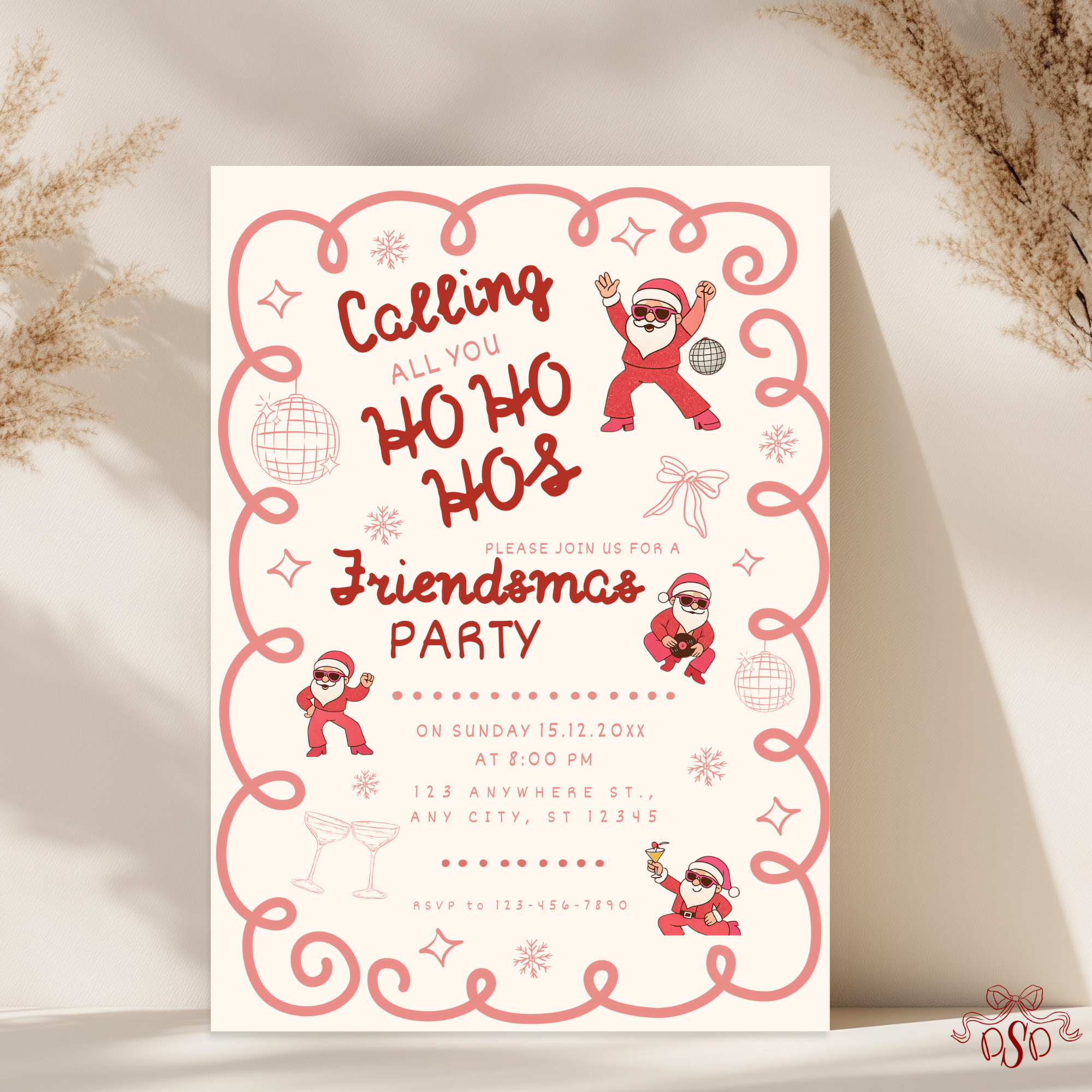 Blush Red Dancing Santa Christmas Invitation - main design preview