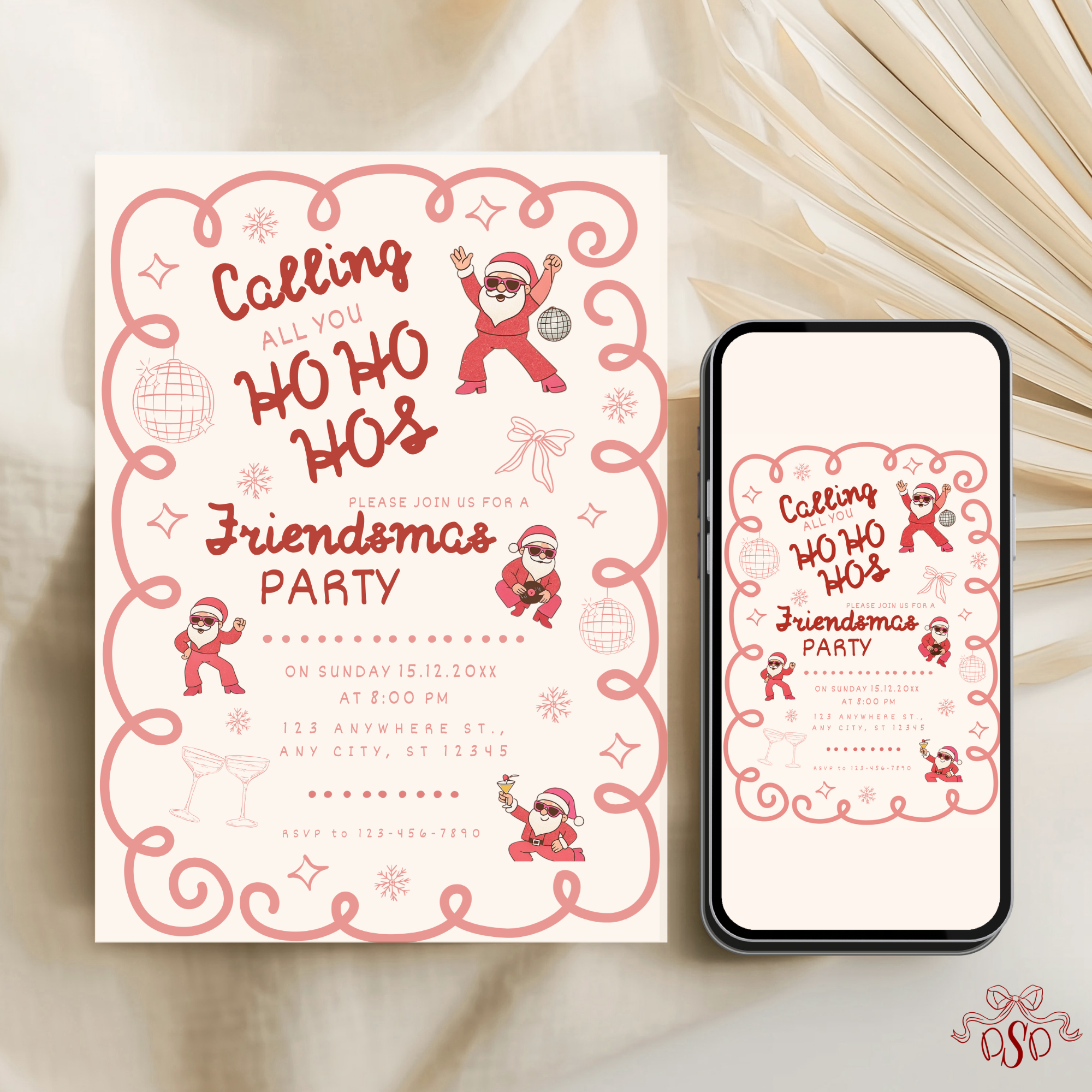Blush Red Dancing Santa Christmas Invitation - editable Canva template gallery image