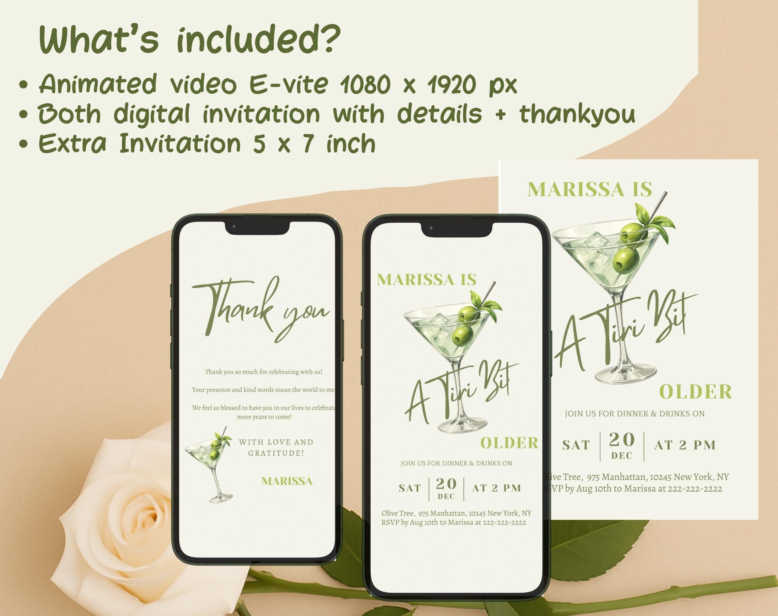 Olive Green Martini Birthday Invitation