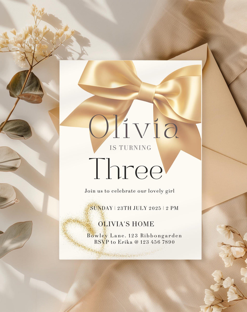 Gold Bow Birthday Invitation