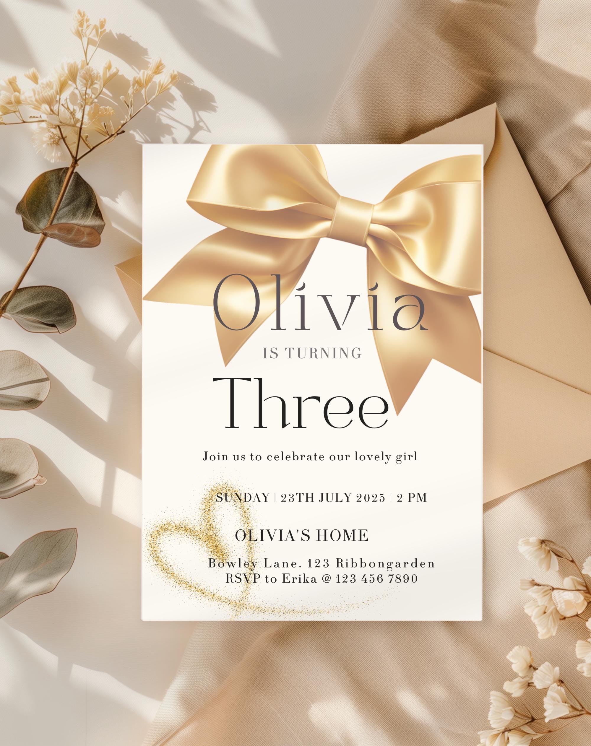 Gold Bow Birthday Invitation
