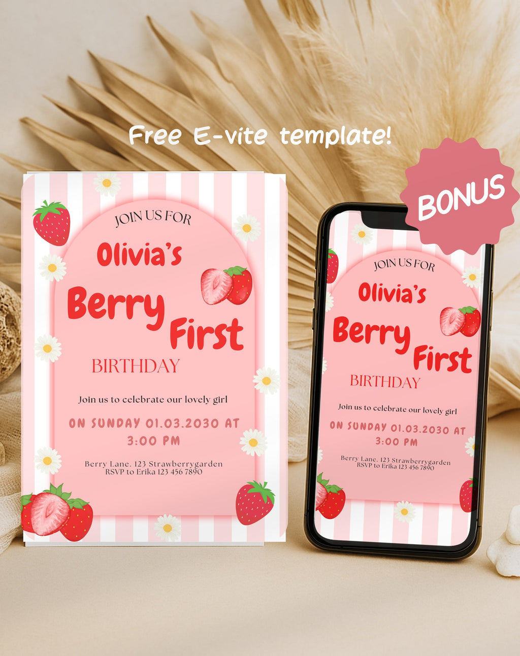 Strawberry Berry First Birthday Invitation
