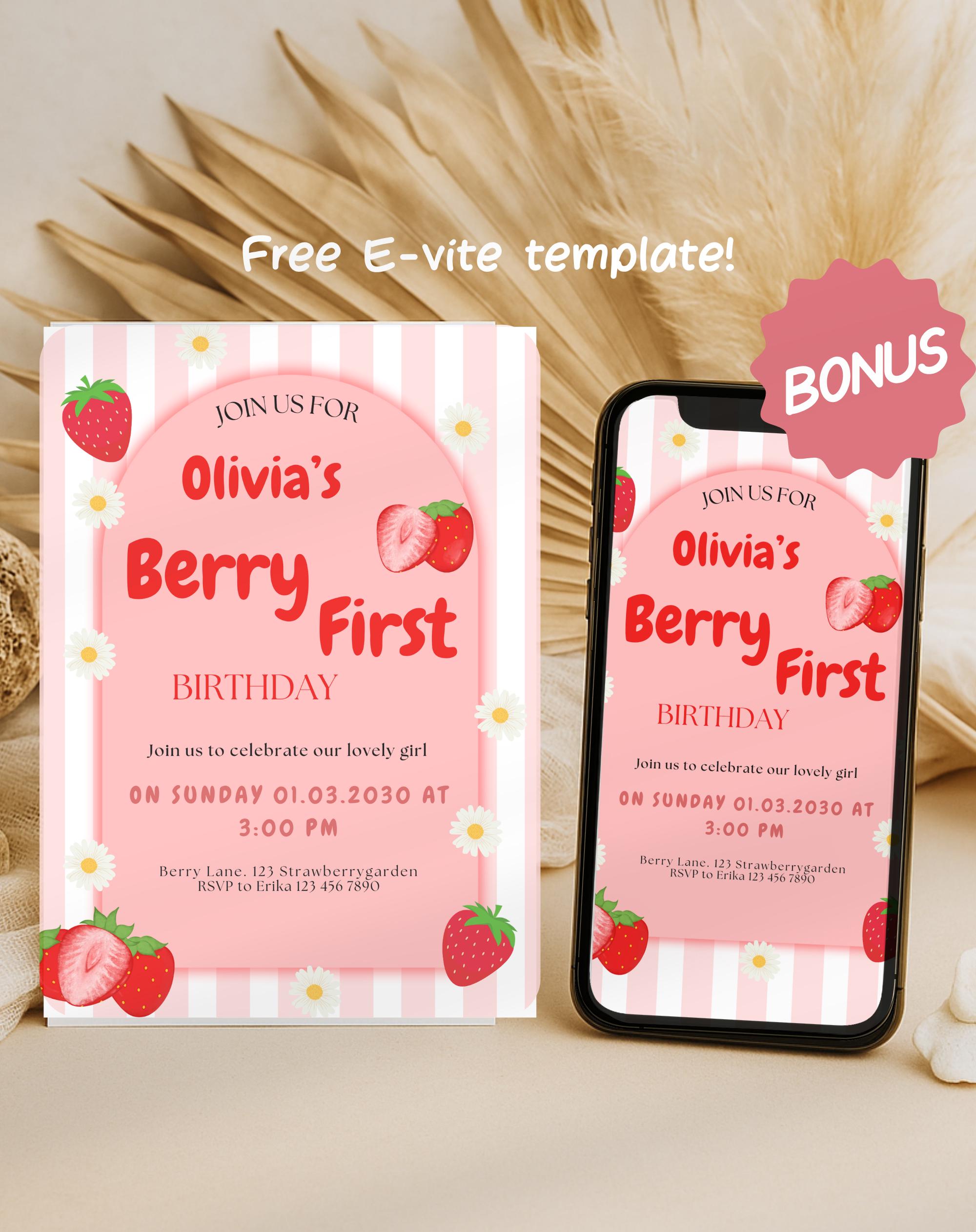 Strawberry Berry First Birthday Invitation