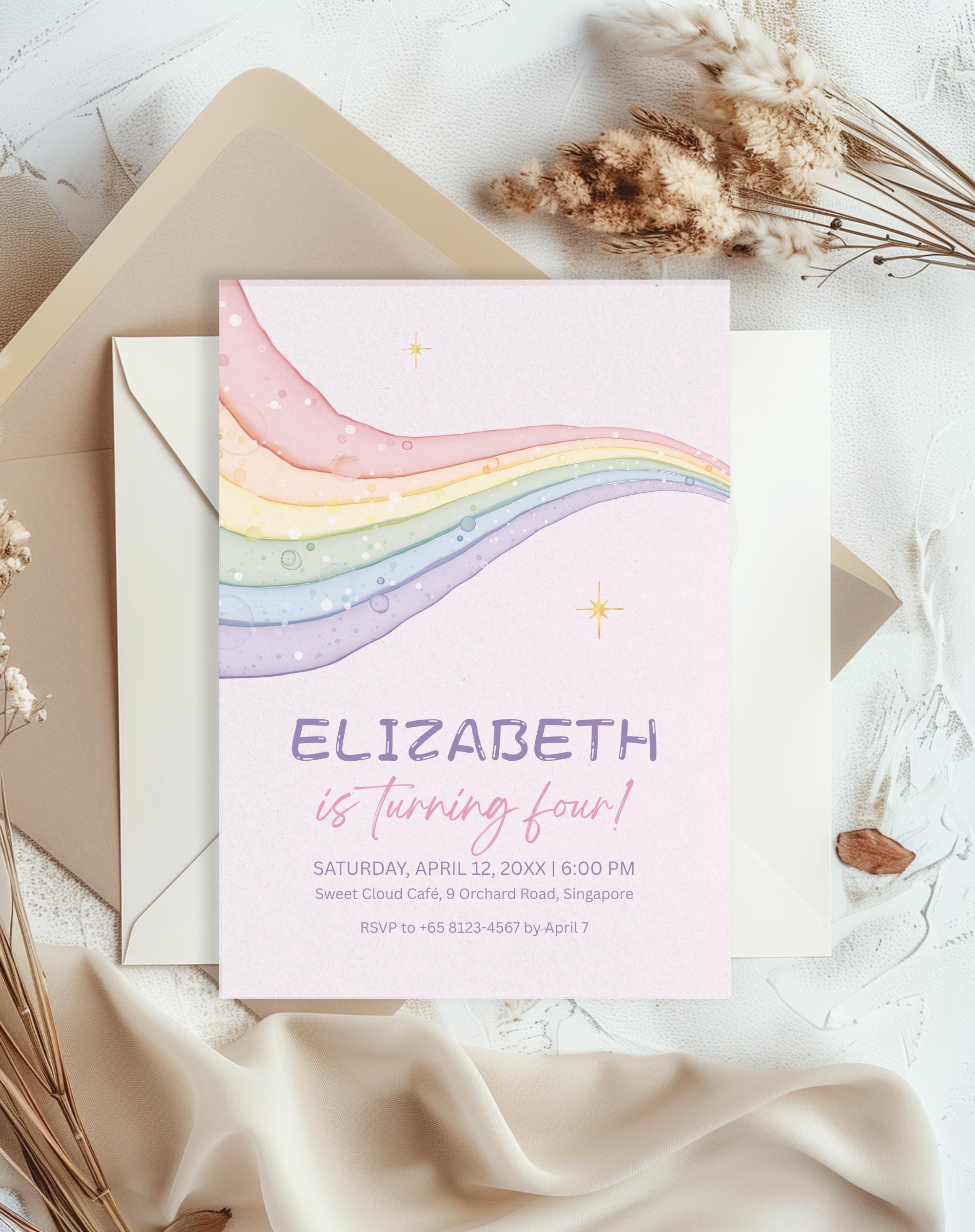 Rainbow Pastel Glitter Birthday Invitation