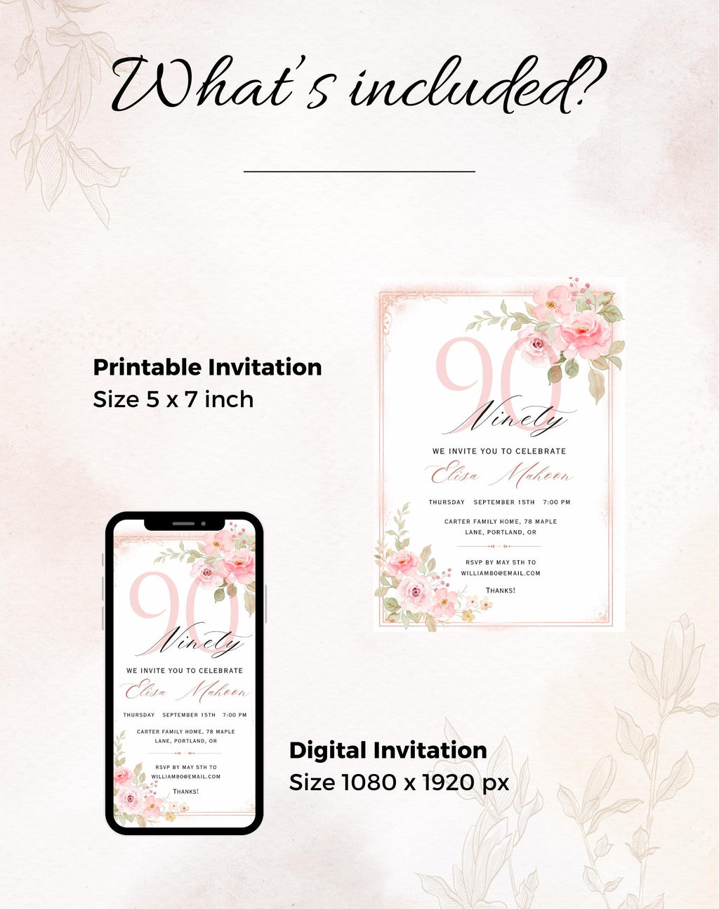 90th Birthday Invitation Pink Floral Elegant Invitation
